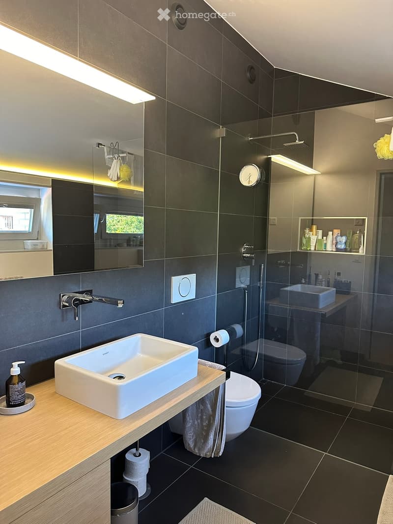 Modern bathroom with dark grey tiles, white sink, toilet, shower, and mirrored cabinet. Features include a wooden vanity, towel, and various toiletries.