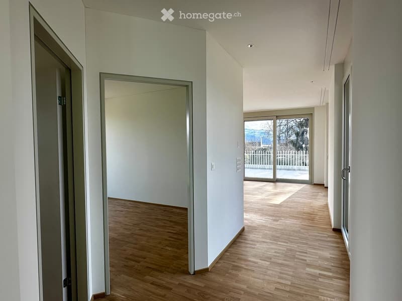 Empty hallway with light-colored walls, wooden flooring, and several doors leading to other rooms. A sliding glass door at the end provides access to an outdoor area.