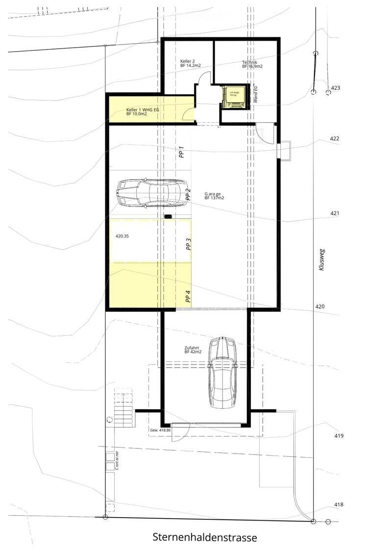 Floor plan showing a multi-level building with labeled areas including garages, basements, and technical spaces. Includes parking spaces and access points.