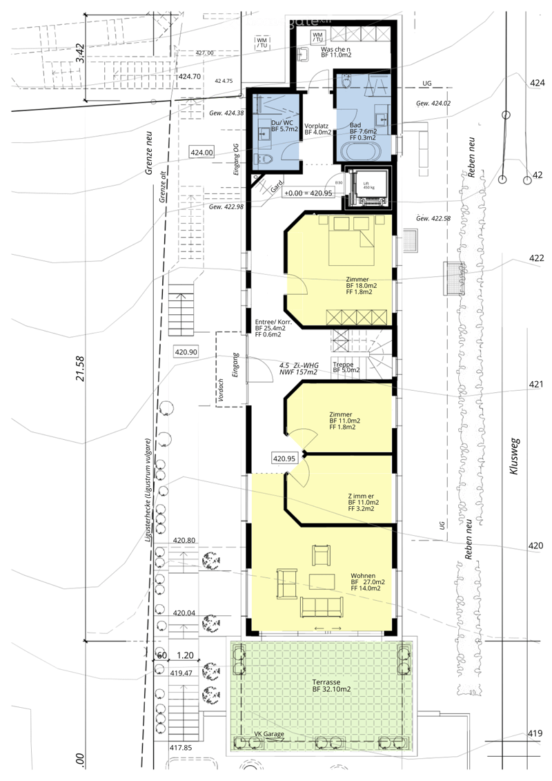 Floor plan of a multi-level residential building with labeled rooms and areas including living space, bedrooms, bathrooms, garage, and terrace.