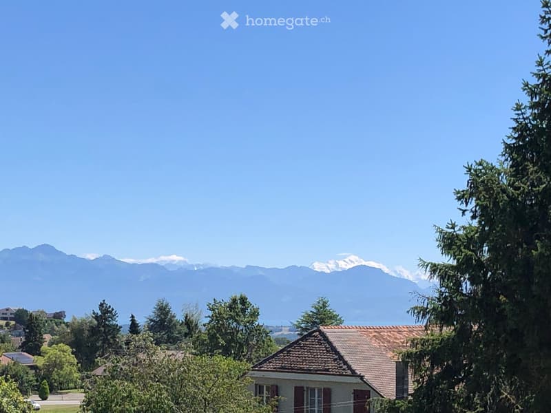 A small house with a tiled roof and red shutters, surrounded by trees and with a mountain range in the background.