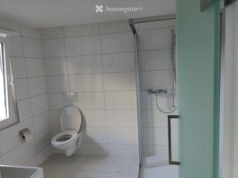 Modern bathroom with a toilet, a glass-enclosed shower, and a toilet paper holder. The walls and floor are tiled in a light gray color.