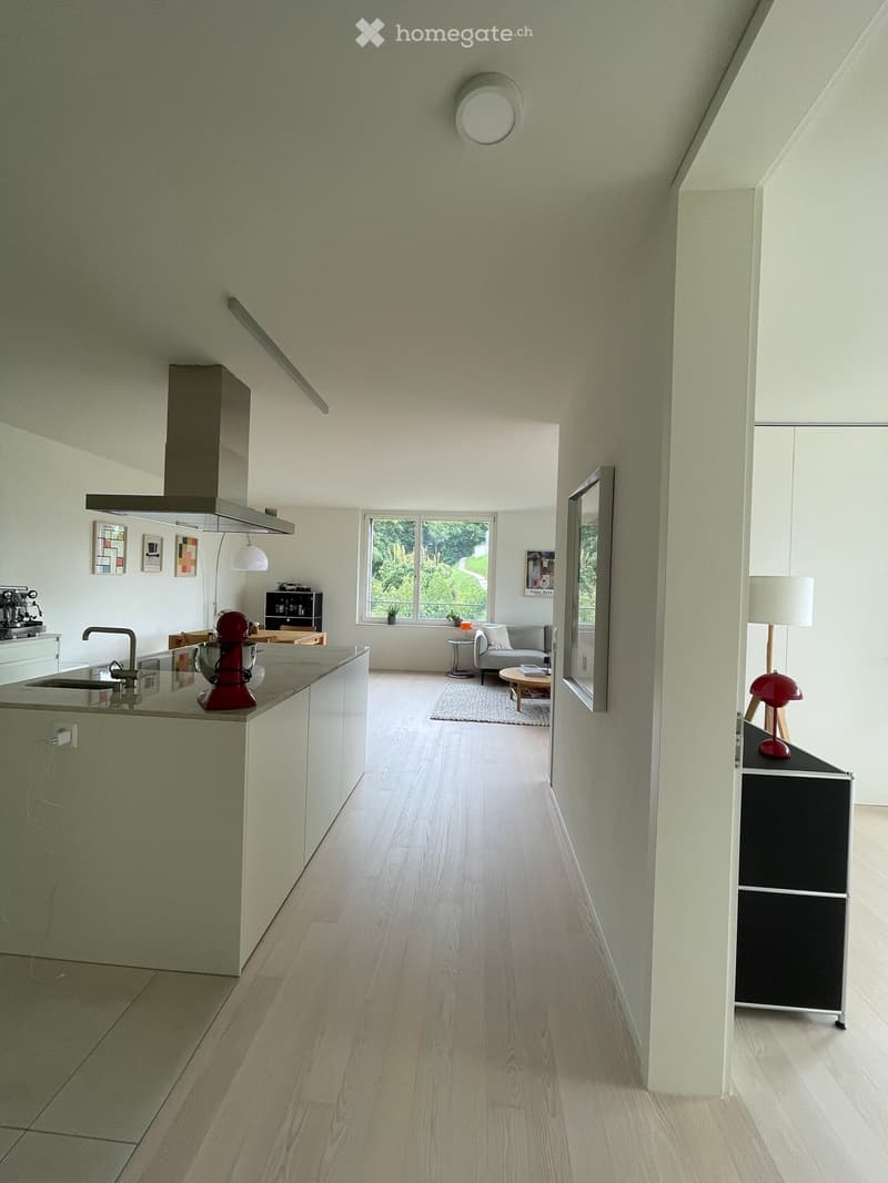 Modern kitchen with white cabinetry, large island, built-in appliances, wooden floors, open living area, window with trees in the background