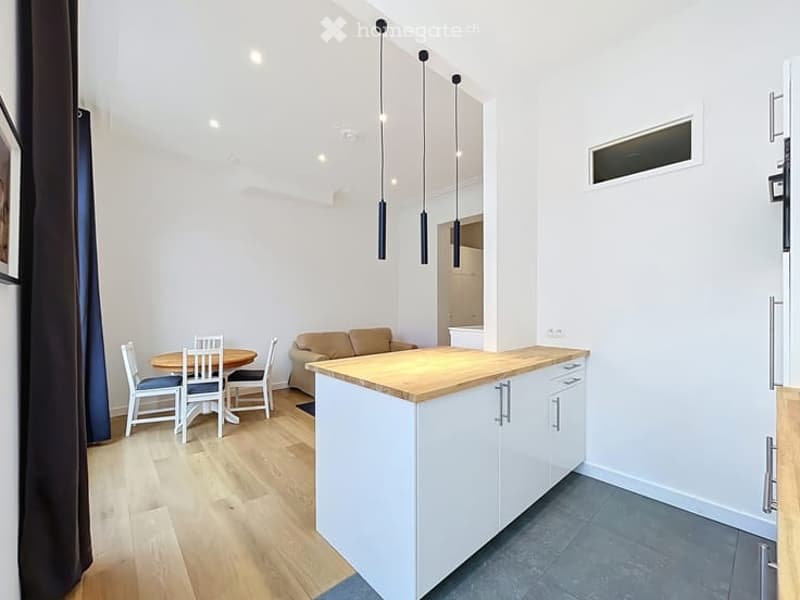 Open-plan living and dining area with a modern kitchen island, white cabinets, a sofa, and a dining table with chairs.