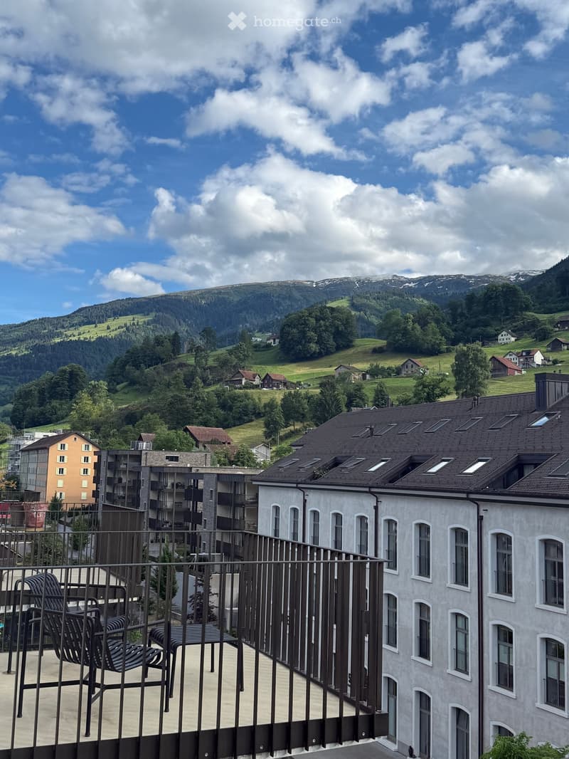 Balcony with metal railing, overlooking a scenic valley with houses and mountains in the background.