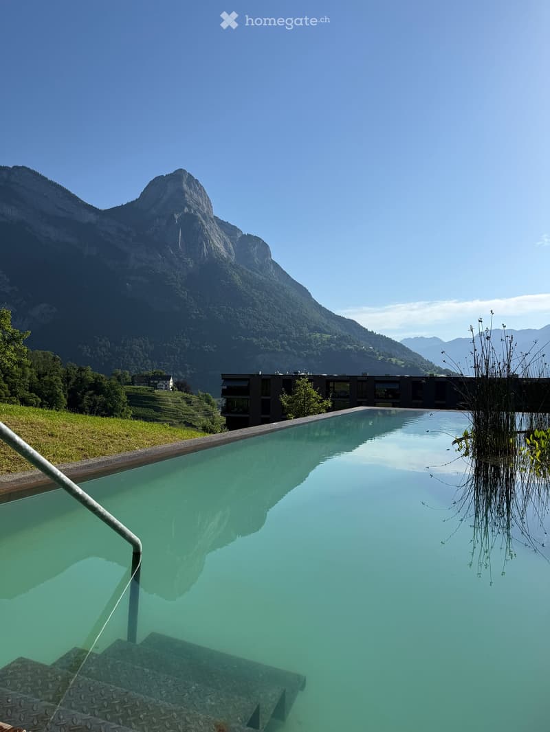 Infinity pool overlooking a mountain range with a modern building in the background.