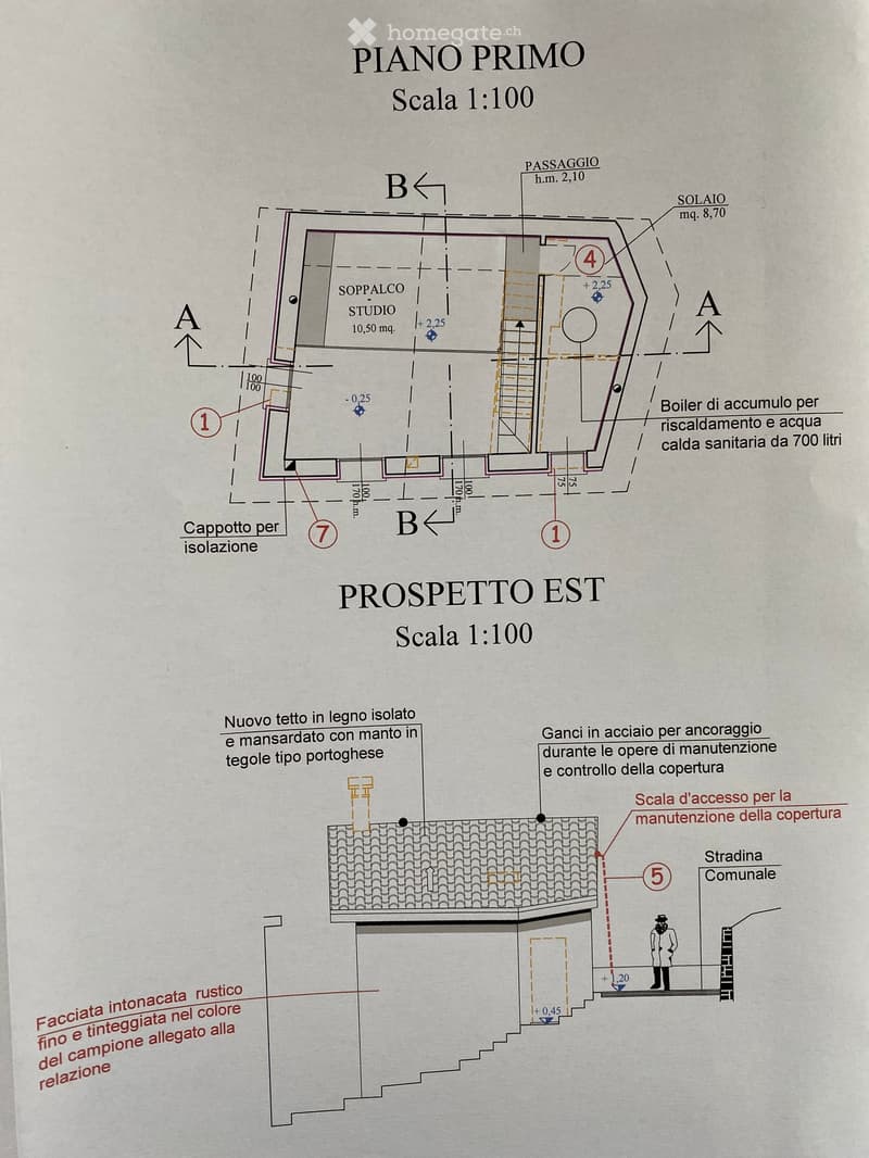 Floor plan of the first floor showing a studio, staircase, and boiler area. Includes measurements and annotations for structural details.