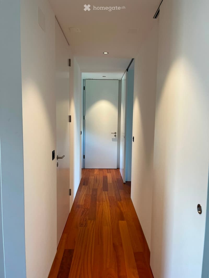 A narrow hallway with wooden flooring and white walls, featuring several doors and recessed ceiling lighting.