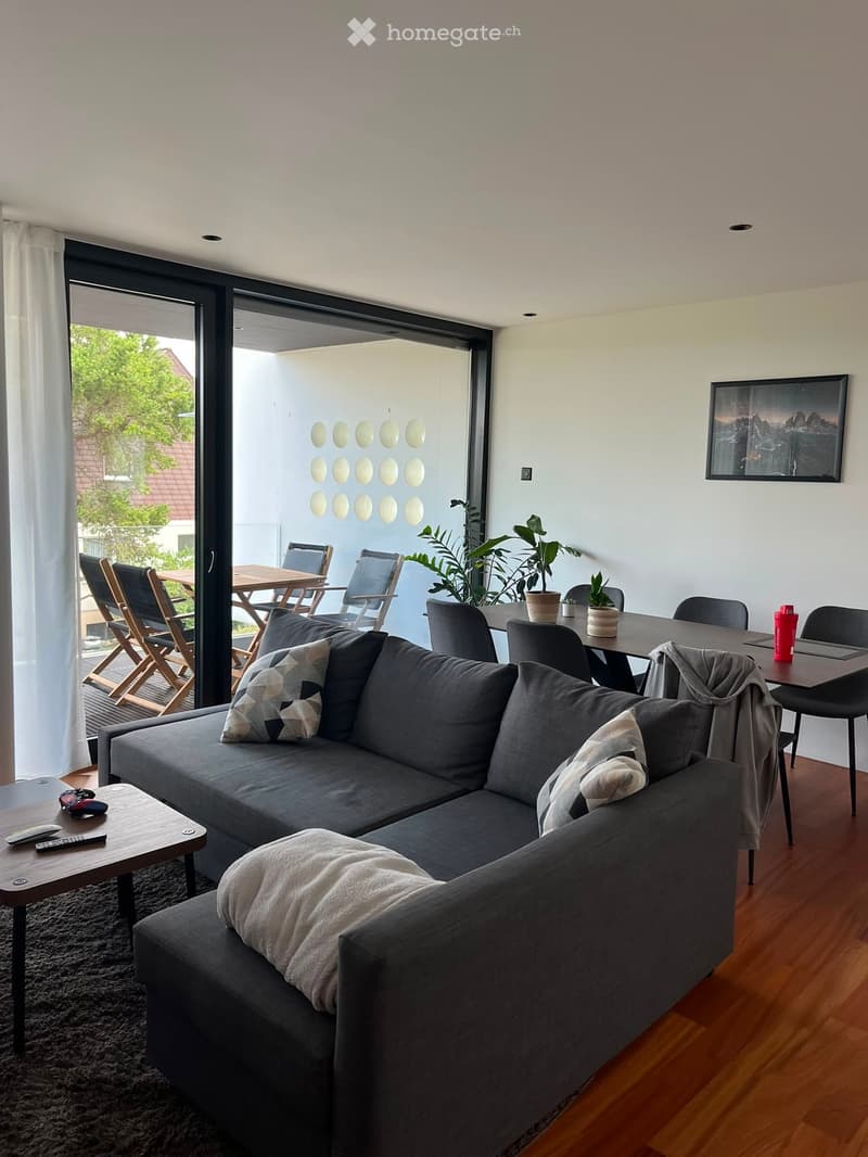 Modern living room with grey sectional sofa, coffee table, remote controls, dining area with chairs and table, potted plants, and a picture frame on the wall.