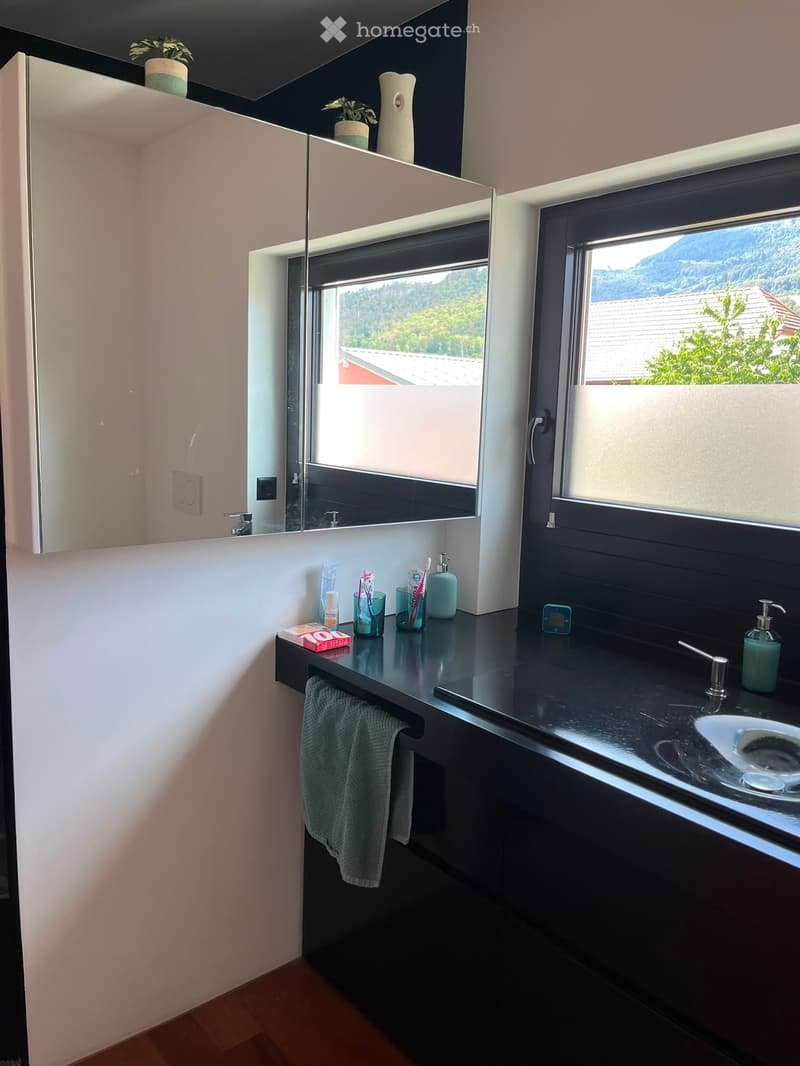 Modern bathroom with dark countertops, a large mirror, and a window offering a scenic view. The sink area includes a towel, cups, toothbrushes, toothpaste, and a soap dispenser.