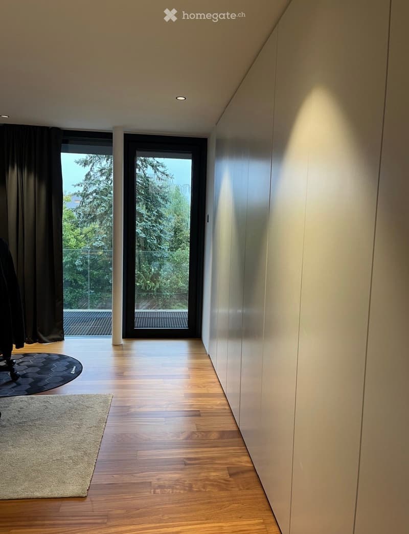 Modern hallway with wooden flooring, recessed lighting, large windows, and a view of greenery outside.