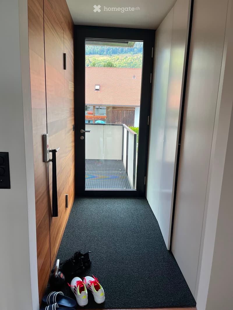 Modern hallway with grey carpet, white walls, wooden wardrobe, and a large glass door leading to a balcony with a view of a house and greenery.
