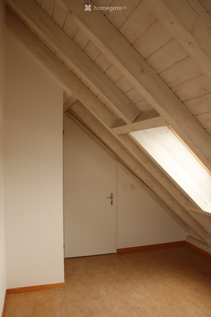 Empty attic space with wooden beams, slanted wooden ceiling, and a skylight window allowing natural light. Beige carpeted floor and white walls.