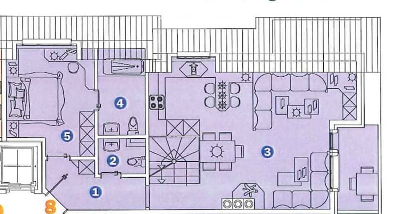 Floor plan of a multi-room residential space, including living room, dining area, kitchen, bedrooms, bathrooms, and hallway.
