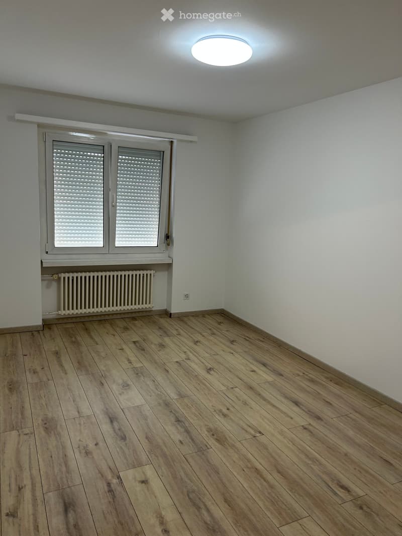 Empty room with wooden flooring, white walls, and a large window with blinds. A radiator is visible below the window, and a ceiling light fixture is present.