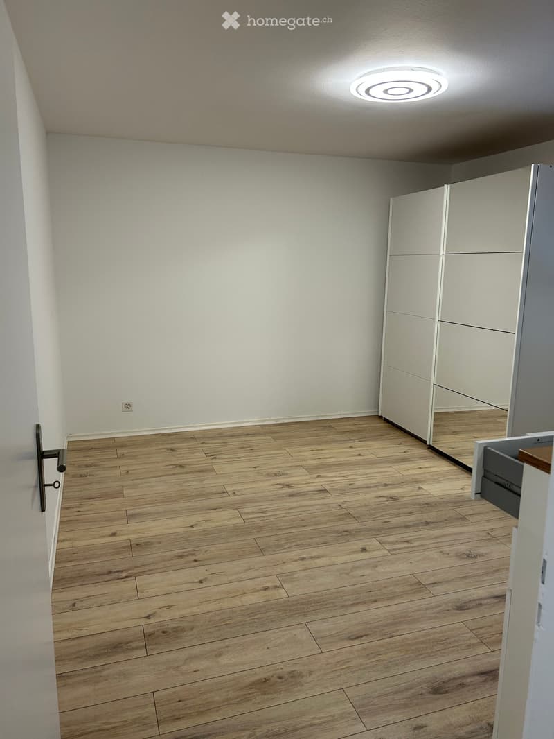 Empty room with wooden flooring, white walls, and a built-in wardrobe with mirrored doors. A round ceiling light fixture is visible.