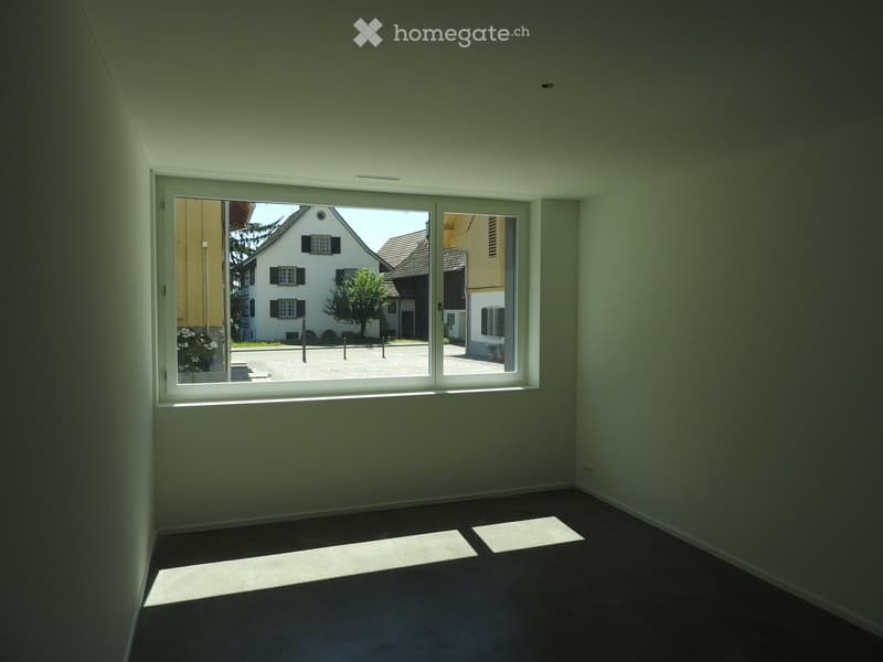 empty room, large window, white walls, black floor, view of a house outside