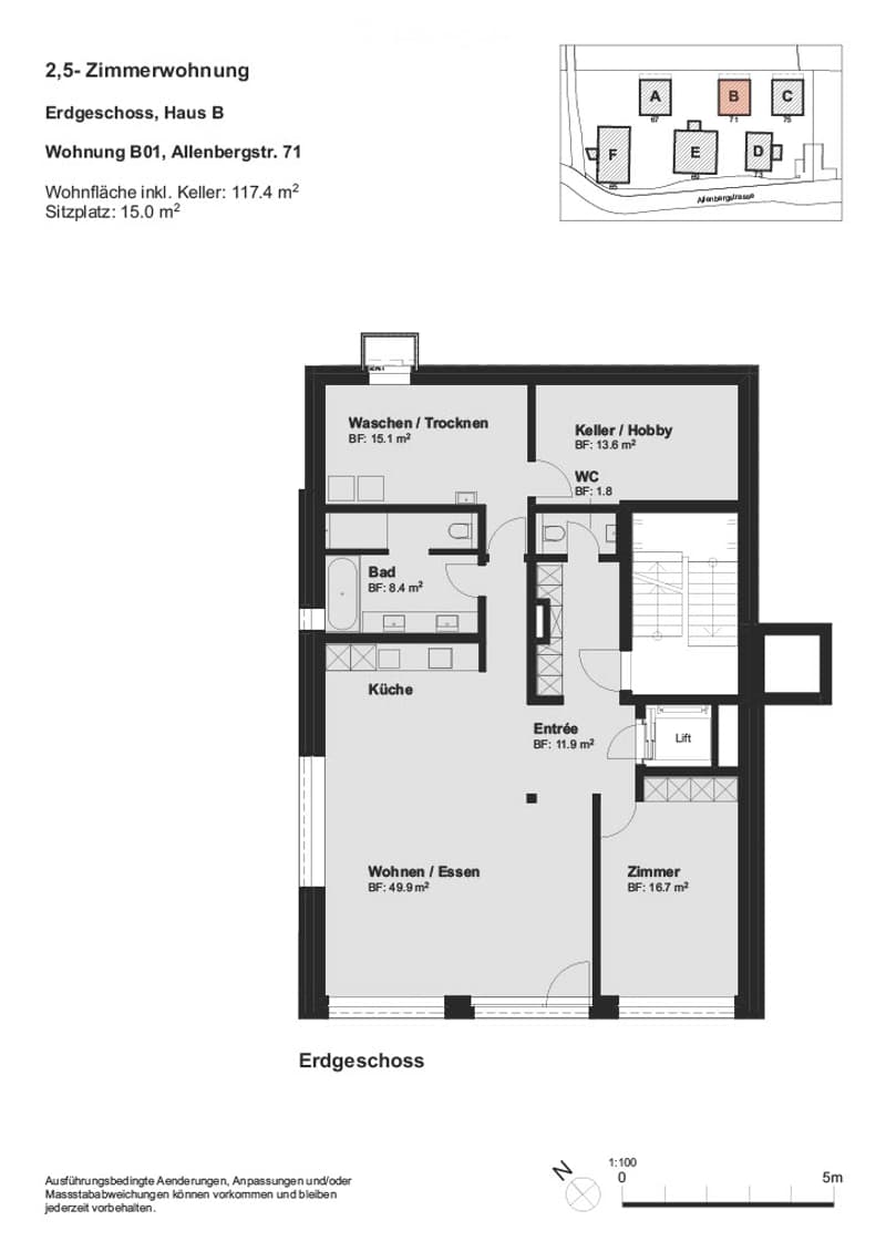 Floor plan of a 2.5-room apartment on the ground floor, including a kitchen, bathroom, living/dining area, bedroom, entrance, laundry/drying area, hobby room, and WC.
