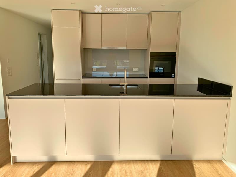 Modern kitchen with light-colored cabinets, a black countertop, and a stainless steel sink and faucet.