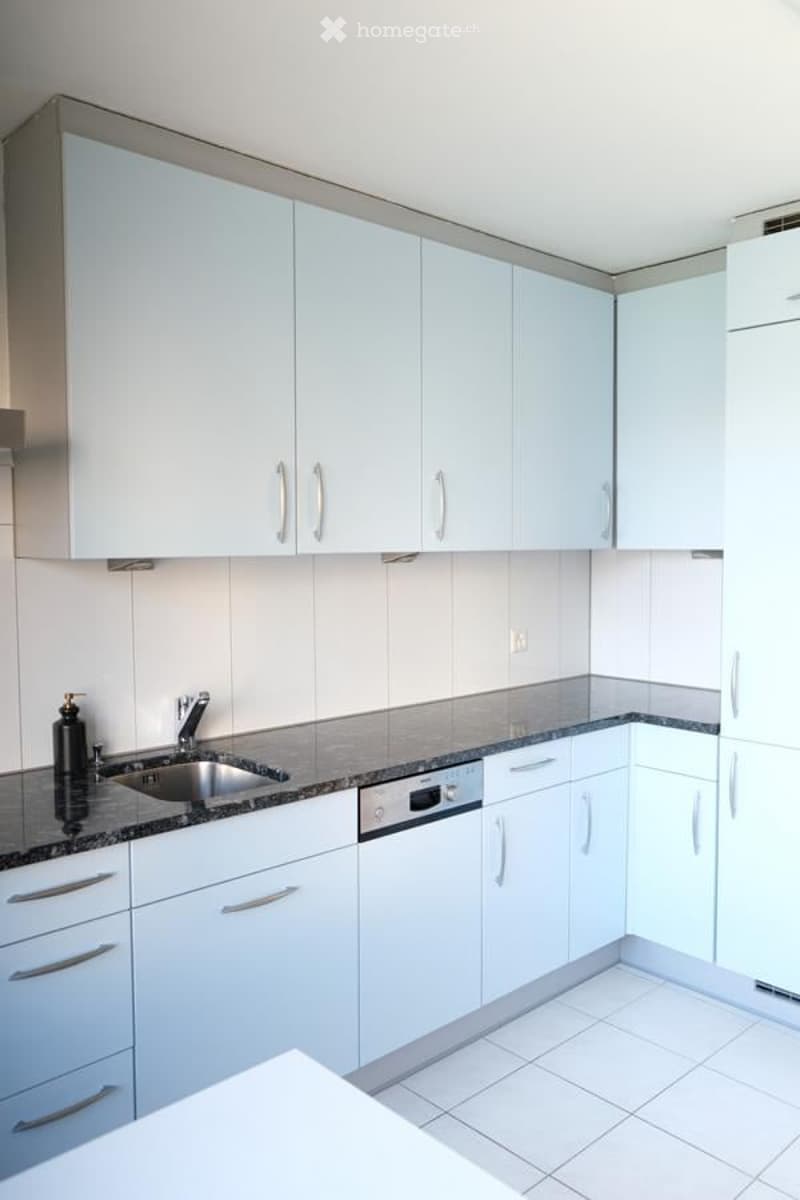 Modern kitchen with white cabinets, granite countertops, stainless steel sink, and dishwasher.