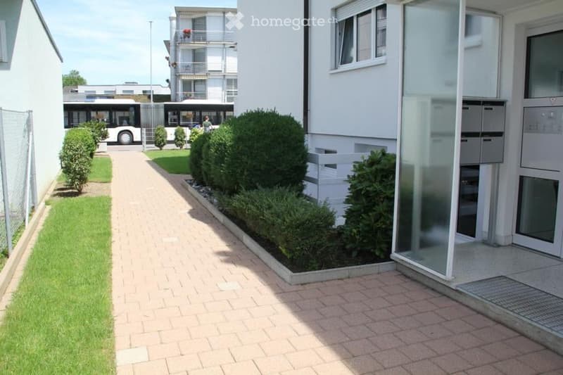 Well-maintained garden area with neatly trimmed bushes and a paved walkway leading to a modern building entrance.