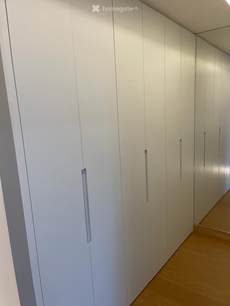 A modern hallway with white built-in wardrobes and sleek, vertical handles, featuring a light wooden floor and bright lighting.