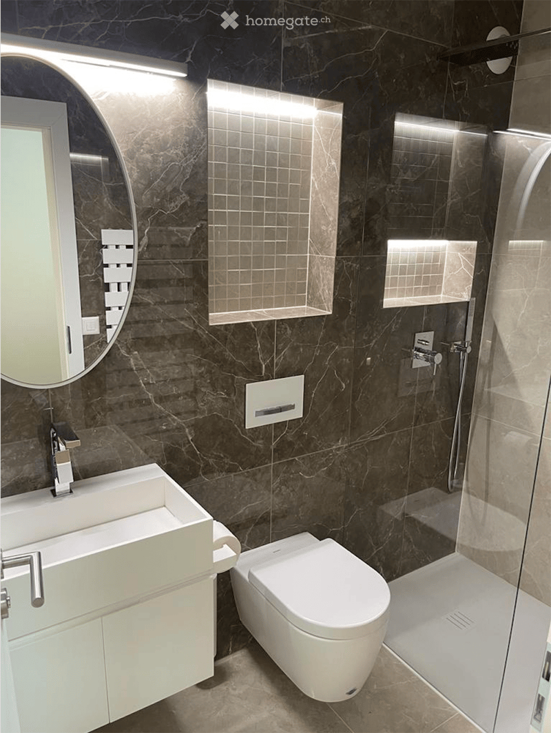 Modern bathroom with dark marble walls, white sink, toilet, and glass-enclosed shower. Features a large round mirror with built-in lighting and sleek chrome fixtures.