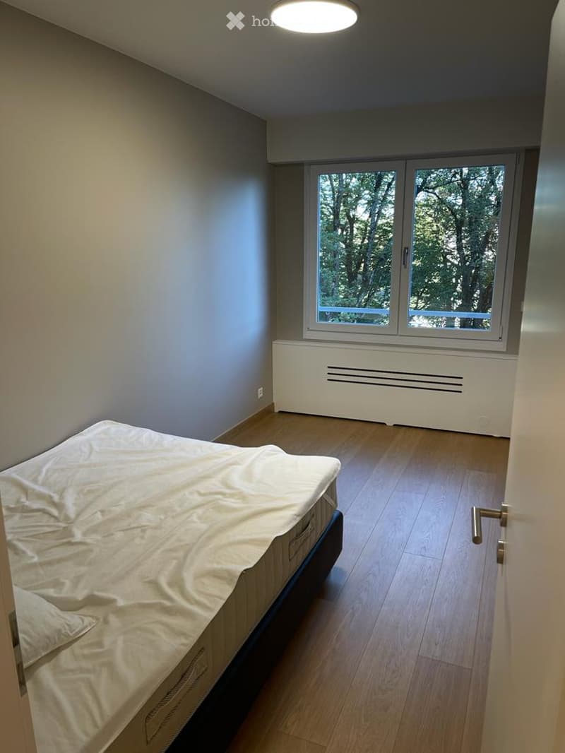 Bright bedroom with wooden flooring, a single bed with white bedding, a radiator under a large window, and a round ceiling light.