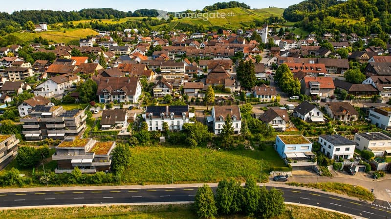 Aerial view of a residential area with numerous houses, green spaces, and a road running through the neighborhood.