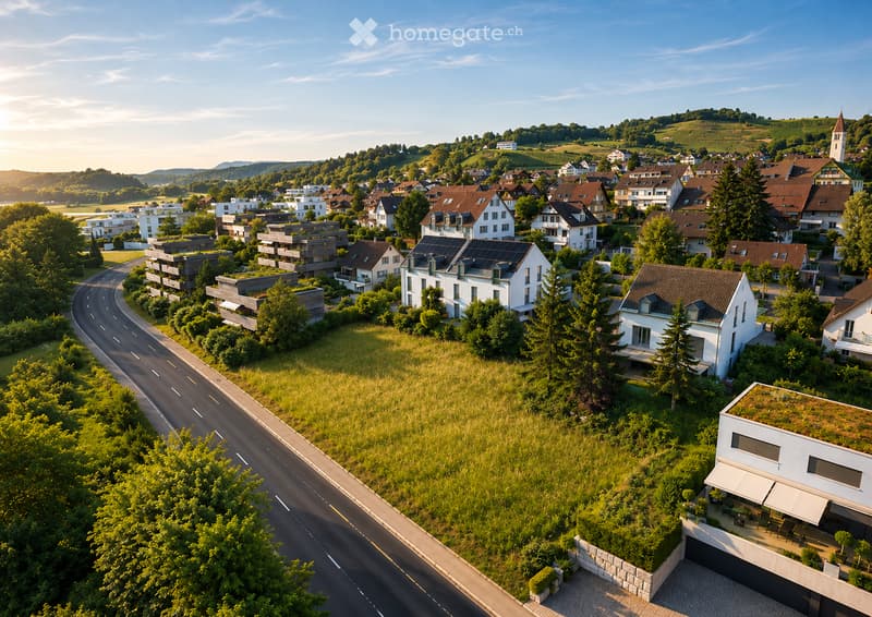 Aerial view of a suburban neighborhood with multiple residential houses, green spaces, and a winding road.
