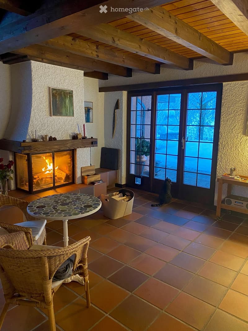 Cozy living room with exposed wooden beams, a lit fireplace, a wicker chair, a round table, and a cat near the glass doors.