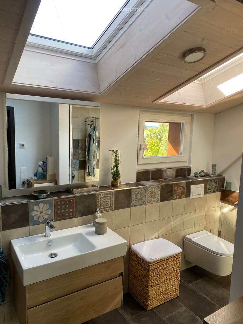 Modern bathroom with a large skylight, white sink, toilet, and decorative tiles. Features a wicker basket, a small plant, and a large mirror.