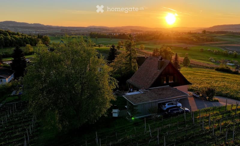 Aerial view of a house with a garage and parking area, surrounded by greenery and vineyards, with a scenic sunset view of the countryside.