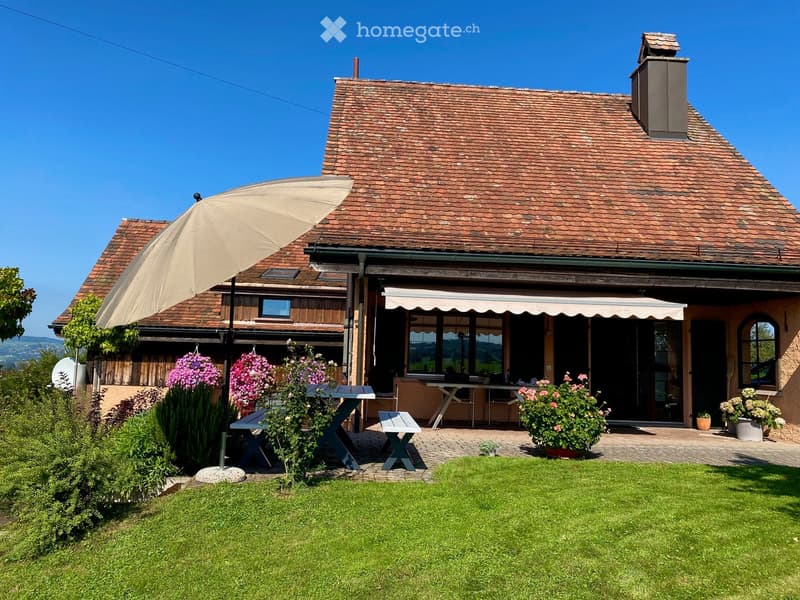 A well-maintained garden with a lawn, picnic tables, benches, and a large umbrella shading a seating area. The house features a tiled roof and a covered patio with additional seating.