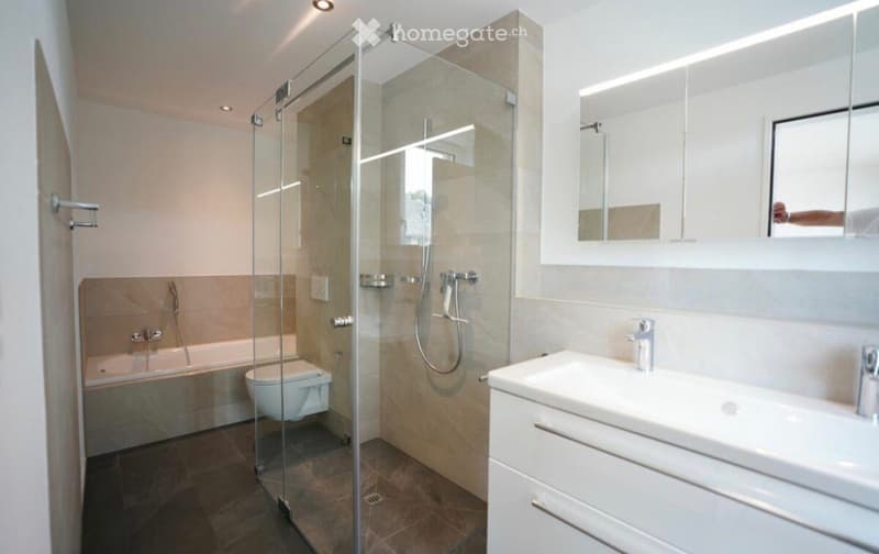 Modern bathroom with a glass-enclosed shower, bathtub, toilet, sink, and illuminated mirror.