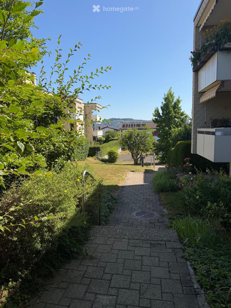 A well-maintained garden with a brick pathway leading to a grassy area, surrounded by various plants and shrubs, with a modern building and balcony visible in the background.