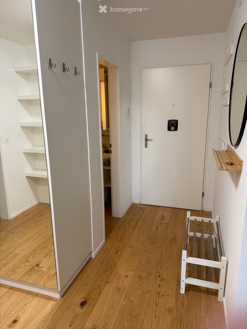Empty hallway with wooden flooring, white walls, a closed door, a coat rack, and a small shelf with hooks.