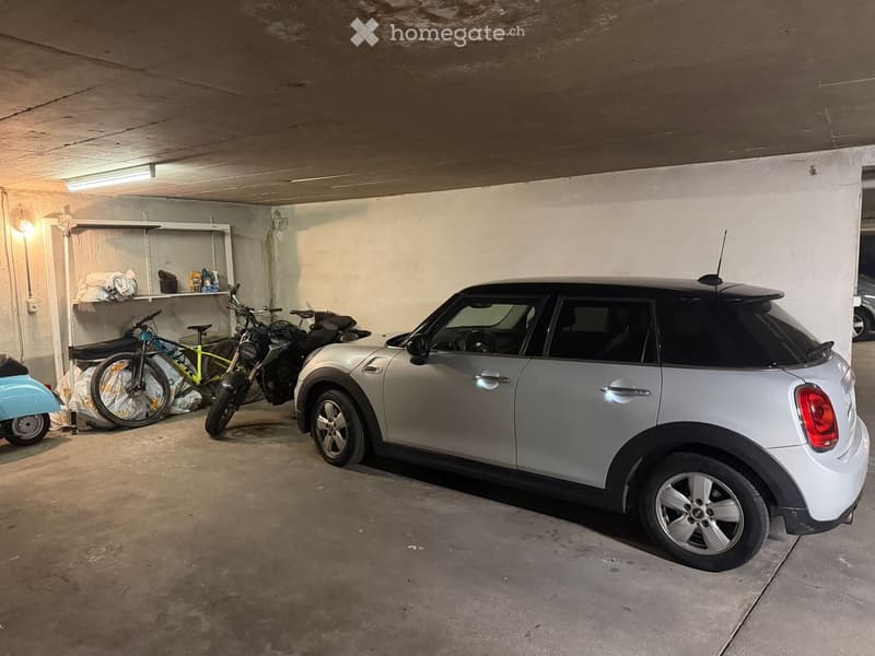 {"type": "Garage", "objects": ["car", "bicycle", "scooter"], "description": "Underground garage with a silver Mini Cooper, bicycles, and a scooter. Shelves hold miscellaneous items.", "visible_features": ["Garage"], "localized_descriptions": {"EN": "Under