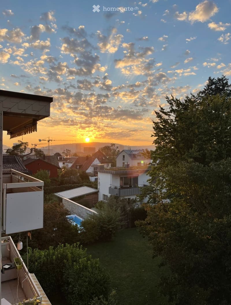 Garden area with a swimming pool, surrounded by greenery, overlooking a cityscape at sunset with visible houses and a crane in the distance.