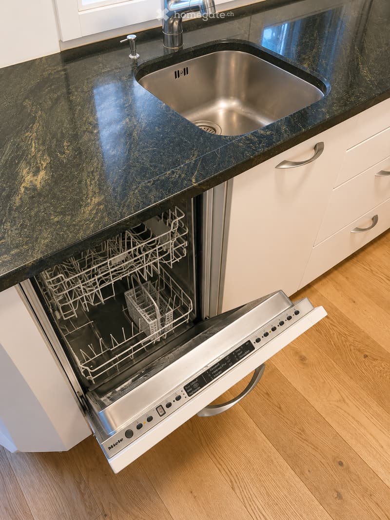 Modern kitchen with a dark green marble countertop, stainless steel sink, and an open dishwasher with multiple racks.