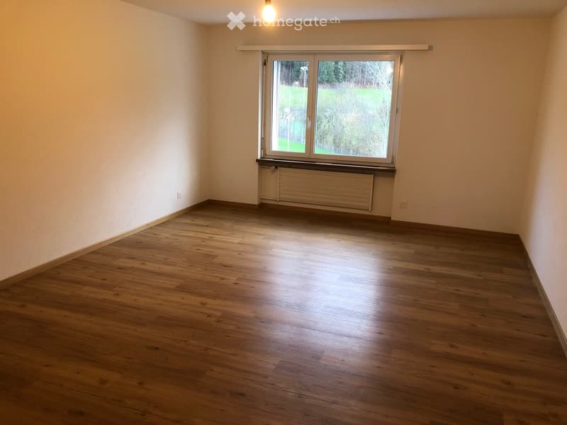 Empty room with wooden flooring, white walls, and a large window with a view of greenery outside.