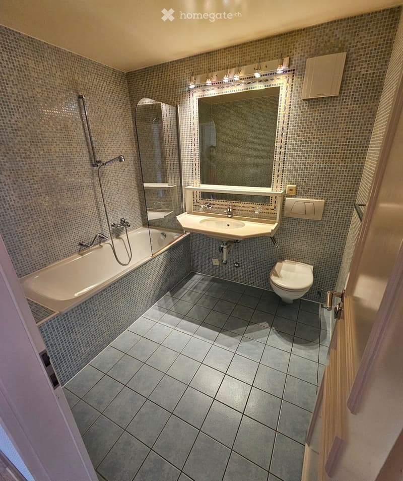 Modern bathroom with a bathtub, sink, toilet, and large mirror. The walls are tiled with small mosaic tiles, and the floor is covered with large grey tiles.
