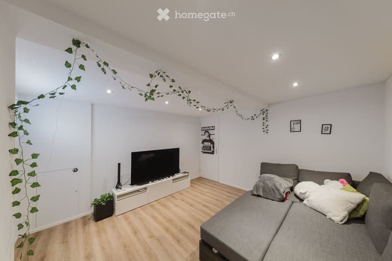 Modern living room with a grey sectional sofa, a flat-screen TV on a white stand, a small table with a vase, and a potted plant. The room features light wooden flooring and white walls, with decorative string lights and framed artwork.