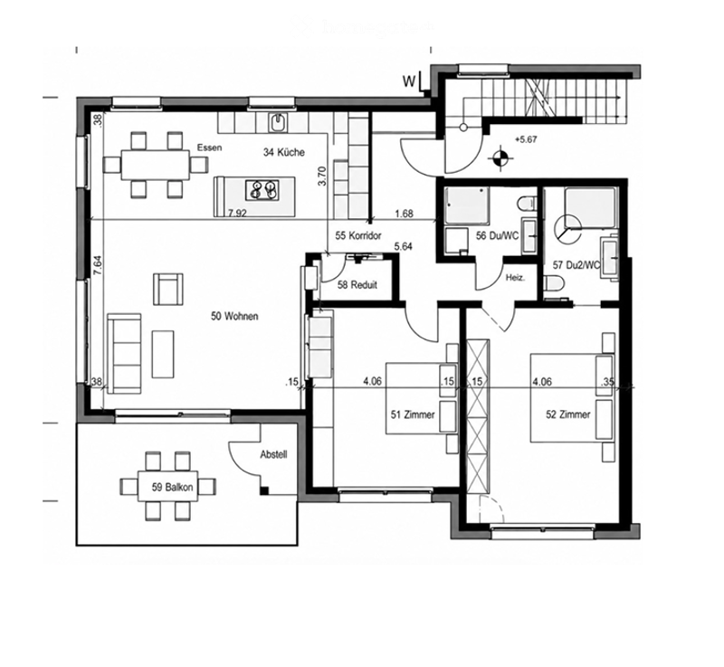 Floor plan of a residential unit with living room, kitchen, two bedrooms, two bathrooms, hallway, and balcony.