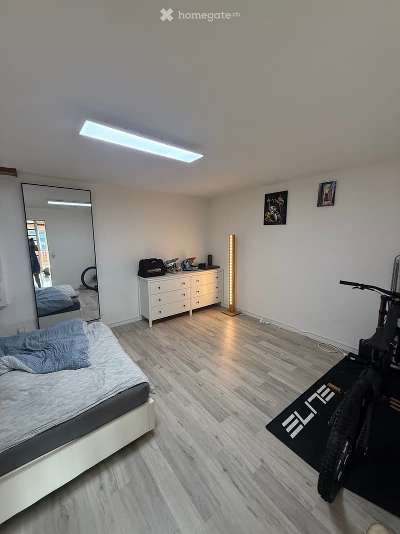Modern bedroom with a white bed, wooden floor, dresser, mirror, and floor lamp. A bicycle is partially visible in the corner.