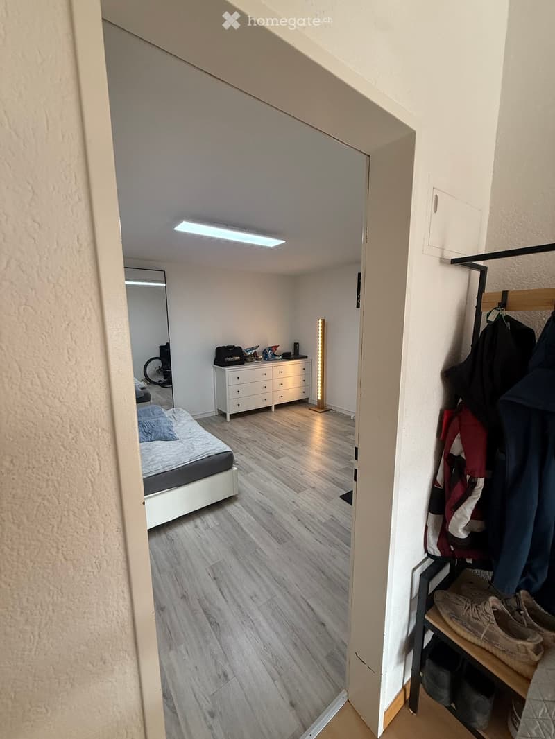 Modern bedroom with wooden flooring, white walls, a bed with blue bedding, a nightstand with a lamp, a clothing rack with jackets, and a shelf with shoes.