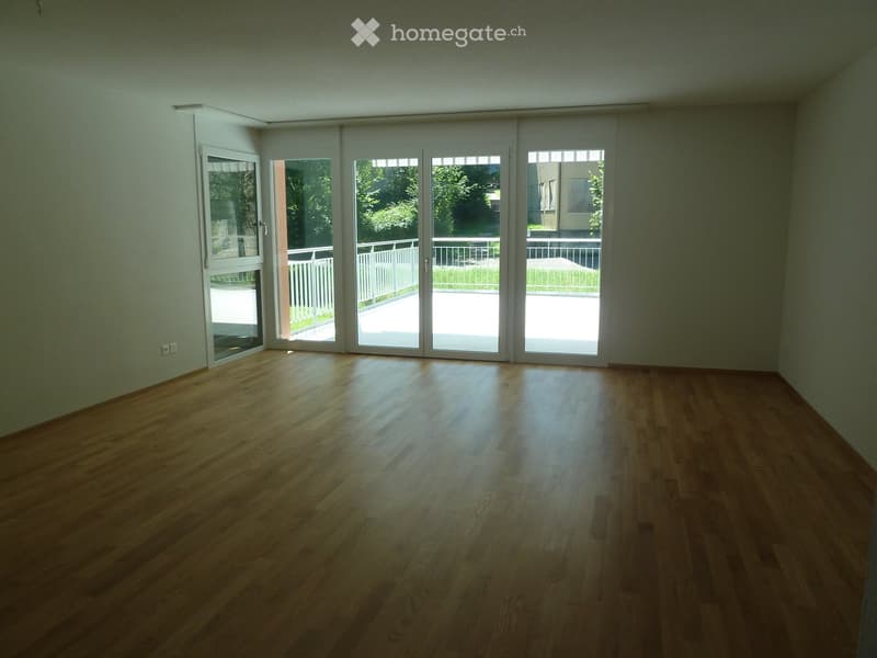 Empty room with wooden flooring and large sliding glass doors leading to an outdoor area.