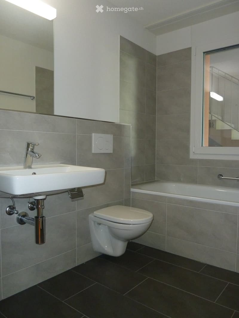 Modern bathroom with grey tiled walls, a white sink with chrome faucet, a toilet, a bathtub, and a mirror above the sink.