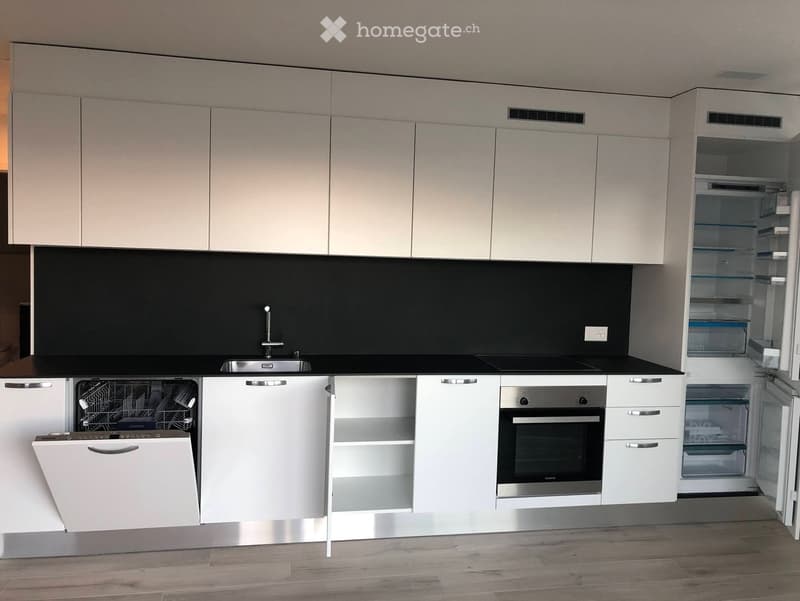 Modern kitchen with white cabinets, black countertops, stainless steel appliances, and a sleek design.