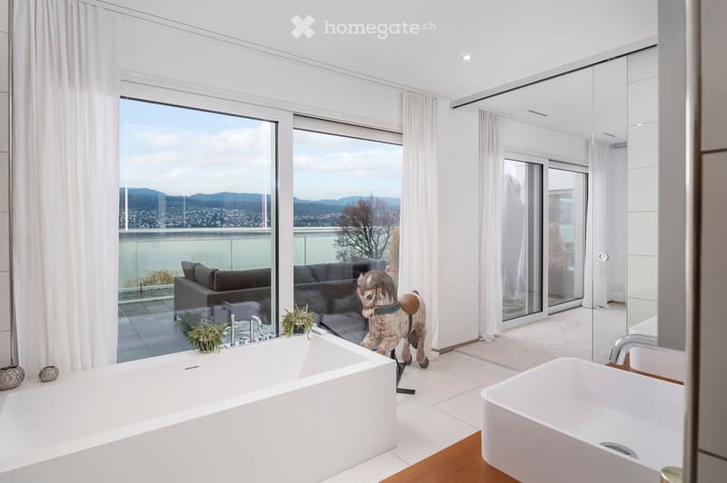 Modern bathroom with large windows offering a scenic view, featuring a white bathtub, sink, and a small sofa visible through the glass doors.
